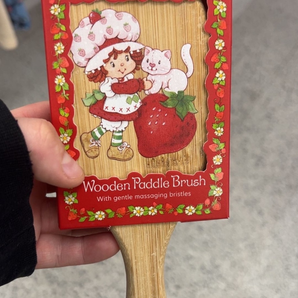 Red Wooden Paddle Brush with Strawberry Design